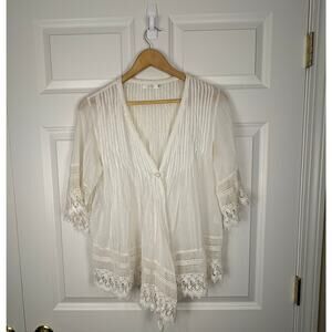 Millau White Lace Short Sleeve Cardigan Bohemian Down Lightweight Vacation XS